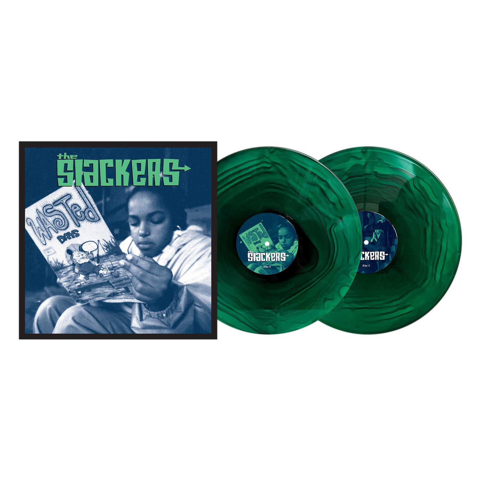 The Slackers’ ska album features a cover with someone reading a comic called Wasted Pages, plus two green marbled vinyl records. The band name appears in bold green letters above, reminiscent of their Wasted Days style.