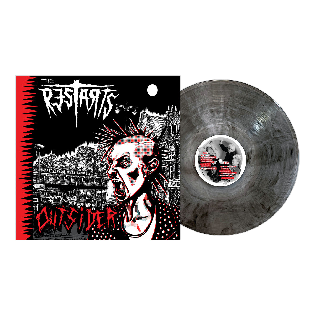 Gray marbled vinyl record and album cover for Outsider LP by The Restarts. The cover shows a cartoon punk with spiked hair, jacket, and city buildings in bold black, red, and white. Brand: The Restarts.