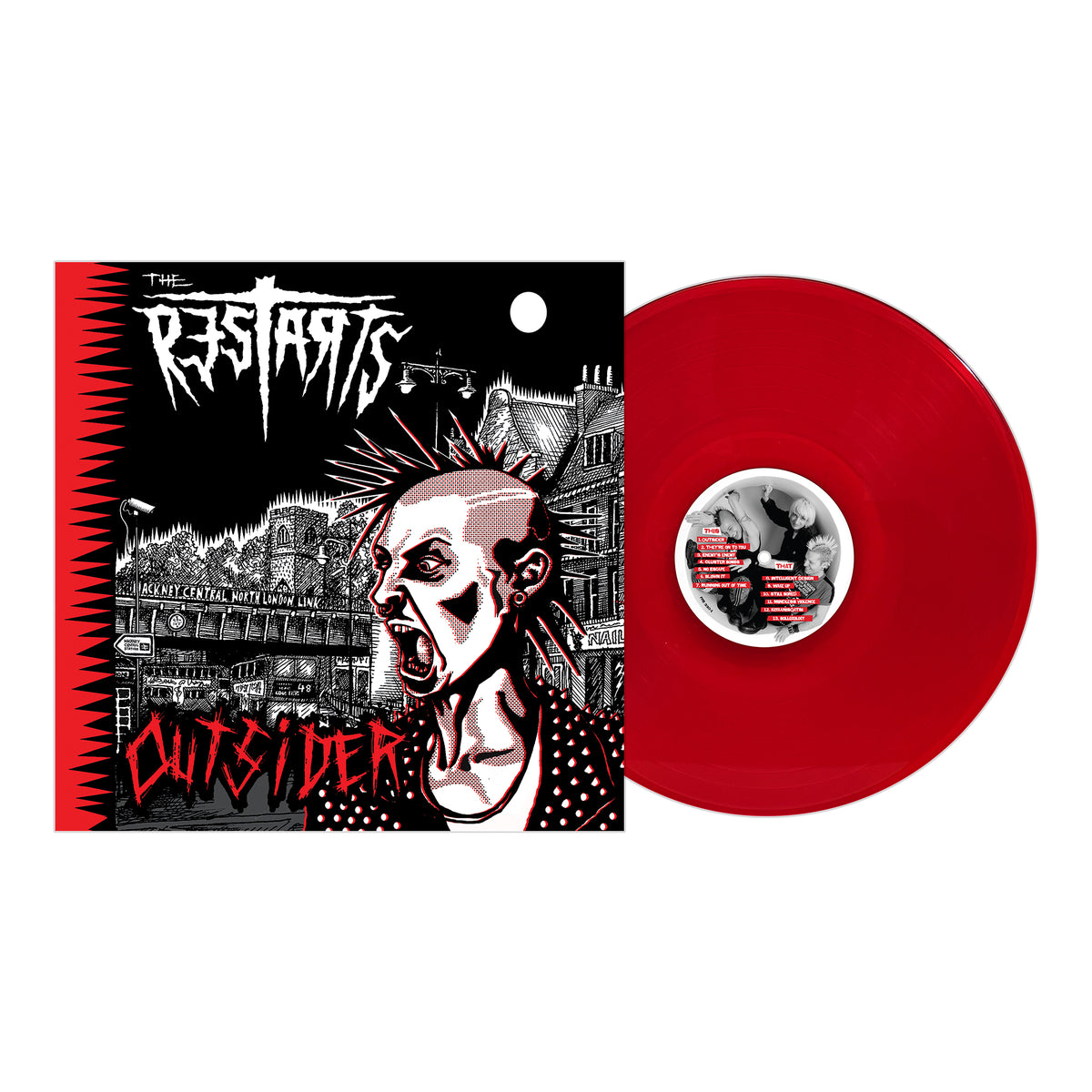 A red vinyl record and its album cover show a punk with a mohawk and studded jacket in a city scene. The Restarts Outsider LP channels the raw energy of this renowned UK band in authentic DIY punk style. Brand: The Restarts.