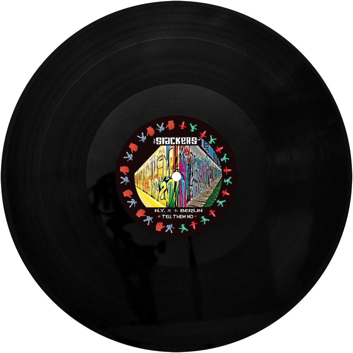 A 12” UV digitally printed vinyl by The Slackers features a graffiti-art label with vibrant dancing figures and NYC reggae tracks: N.Y.C., Berlin, and Tell Them No.