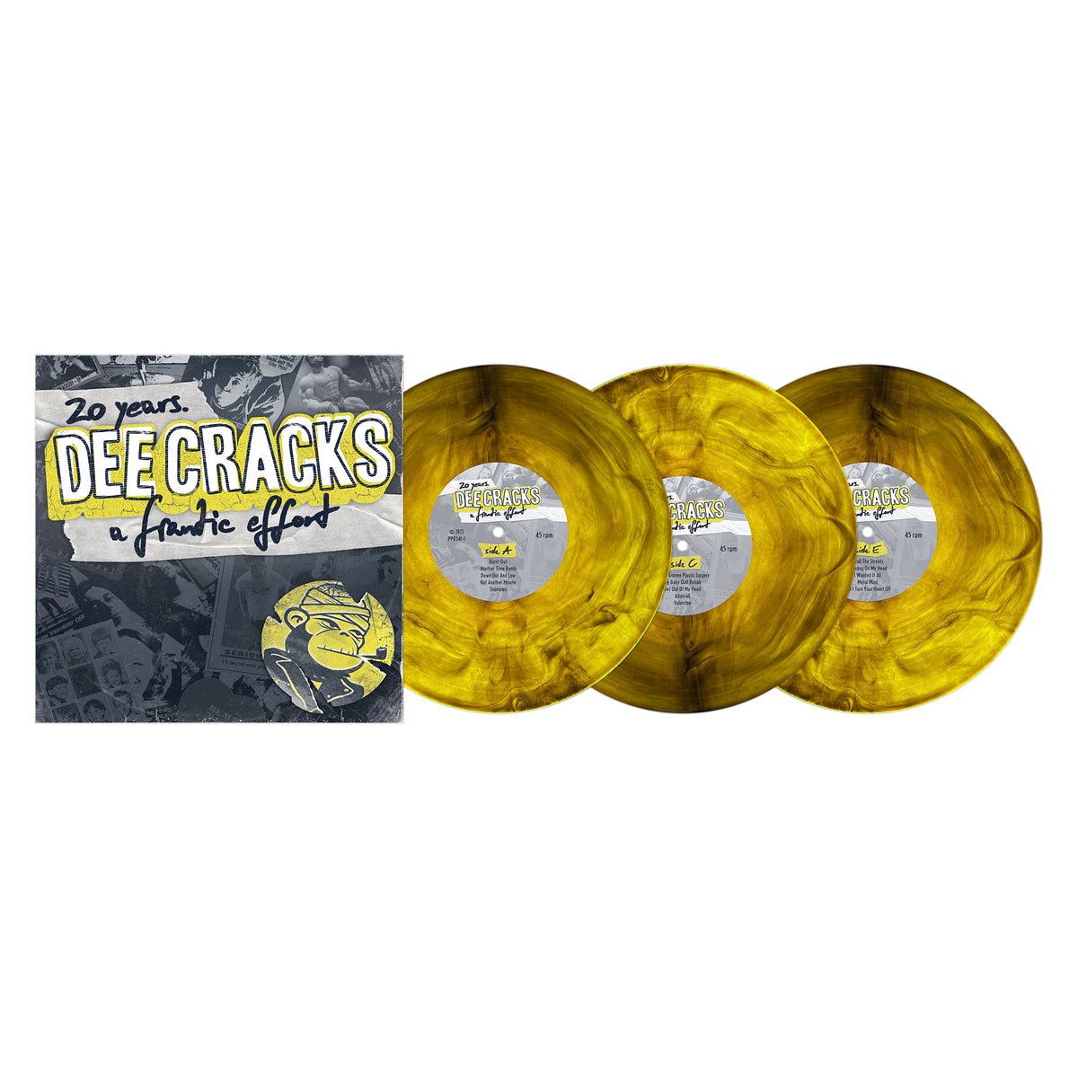 DeeCracks 20 Years includes three yellow marbled vinyl records and a matching album cover with band artwork and bold yellow, white, and black text—a must-have for punk rock fans spanning their career.