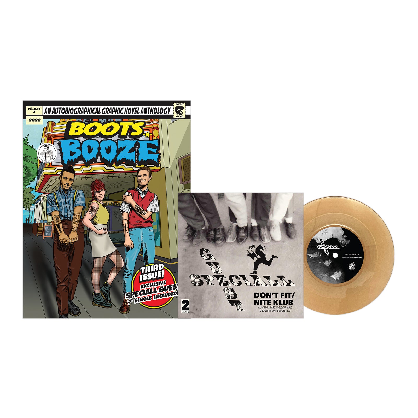 The BOOTSnBOOZE comic features three people on the cover alongside a black-and-white album, The Selecter: Dont Fit! / Nite Klub, and transparent gold vinyl—capturing 1980s Santa Cruz and classic Boots N Booze Comics style.