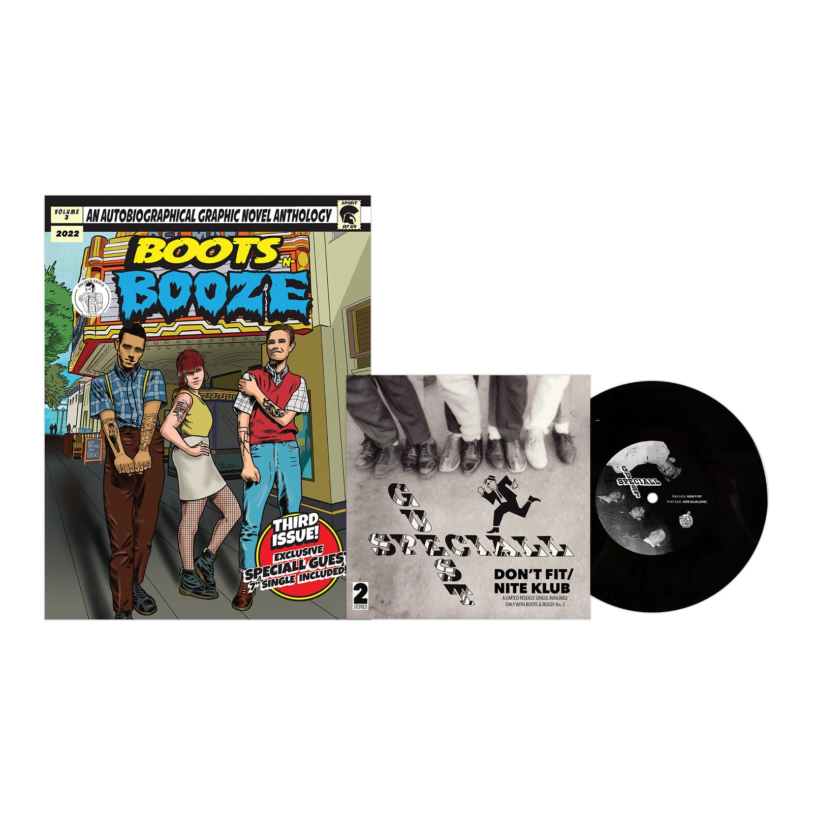 The BOOTSnBOOZE comic book, inspired by 1980s Santa Cruz punk, is displayed next to a 7 vinyl from ska band Speciall Guest featuring a sleeve with The Special Nite Klub Don’t Fit! on a white background.