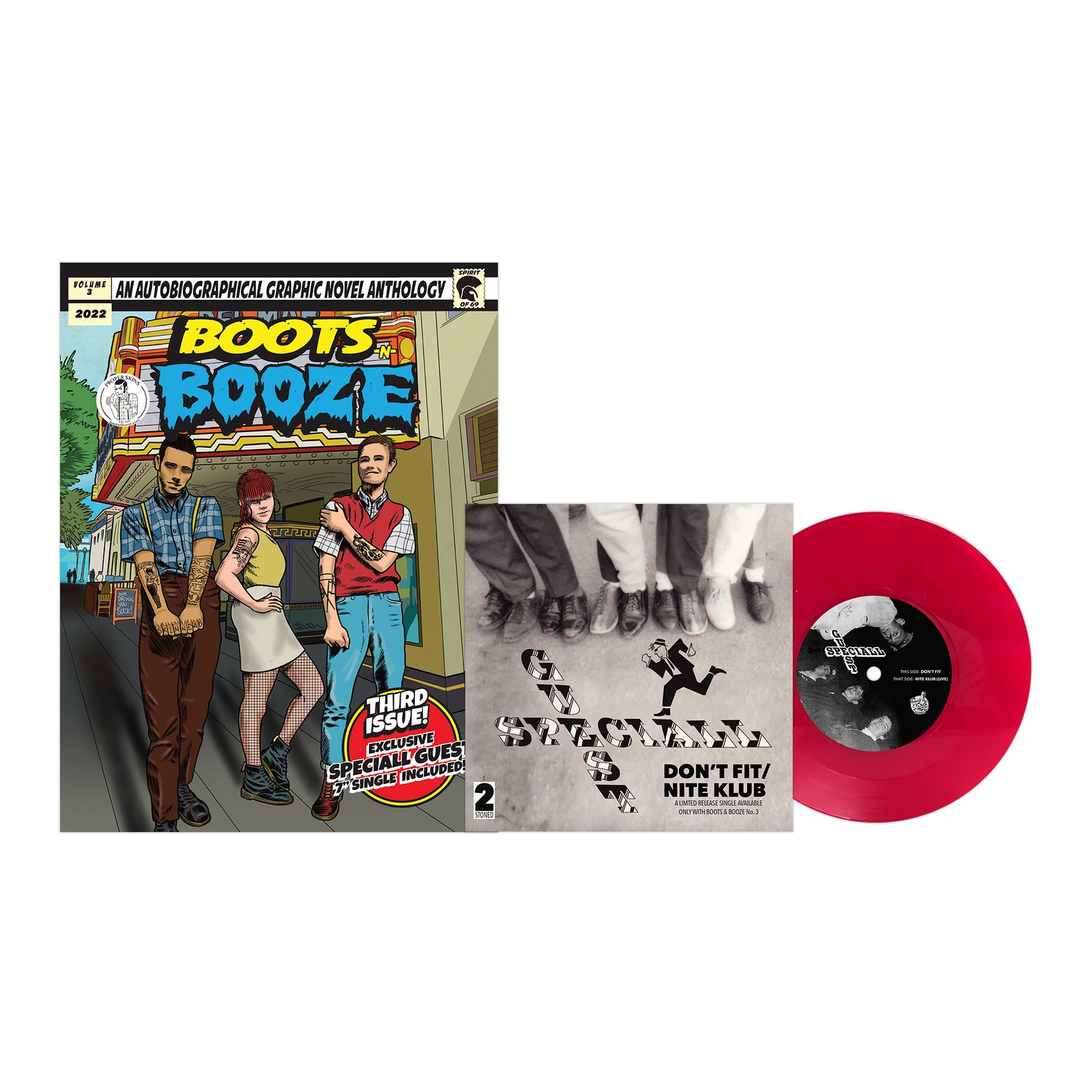A BOOTSnBOOZE comic featuring three punks stands next to a black-and-white Dont Fit! Nite Klub 7” red vinyl, both capturing the 1980s Santa Cruz ska scene.