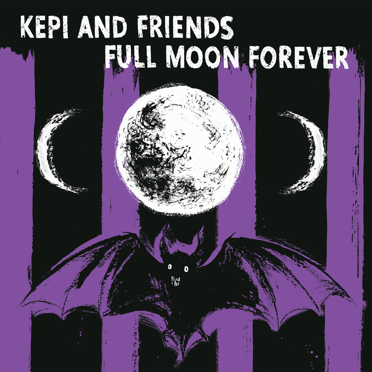 Kepi Ghoulies Full Moon Forever album cover features a full moon, two crescent moons, and a cartoon bat with outstretched wings on purple and black stripes—ideal for fans of new wave music and gothic rock.