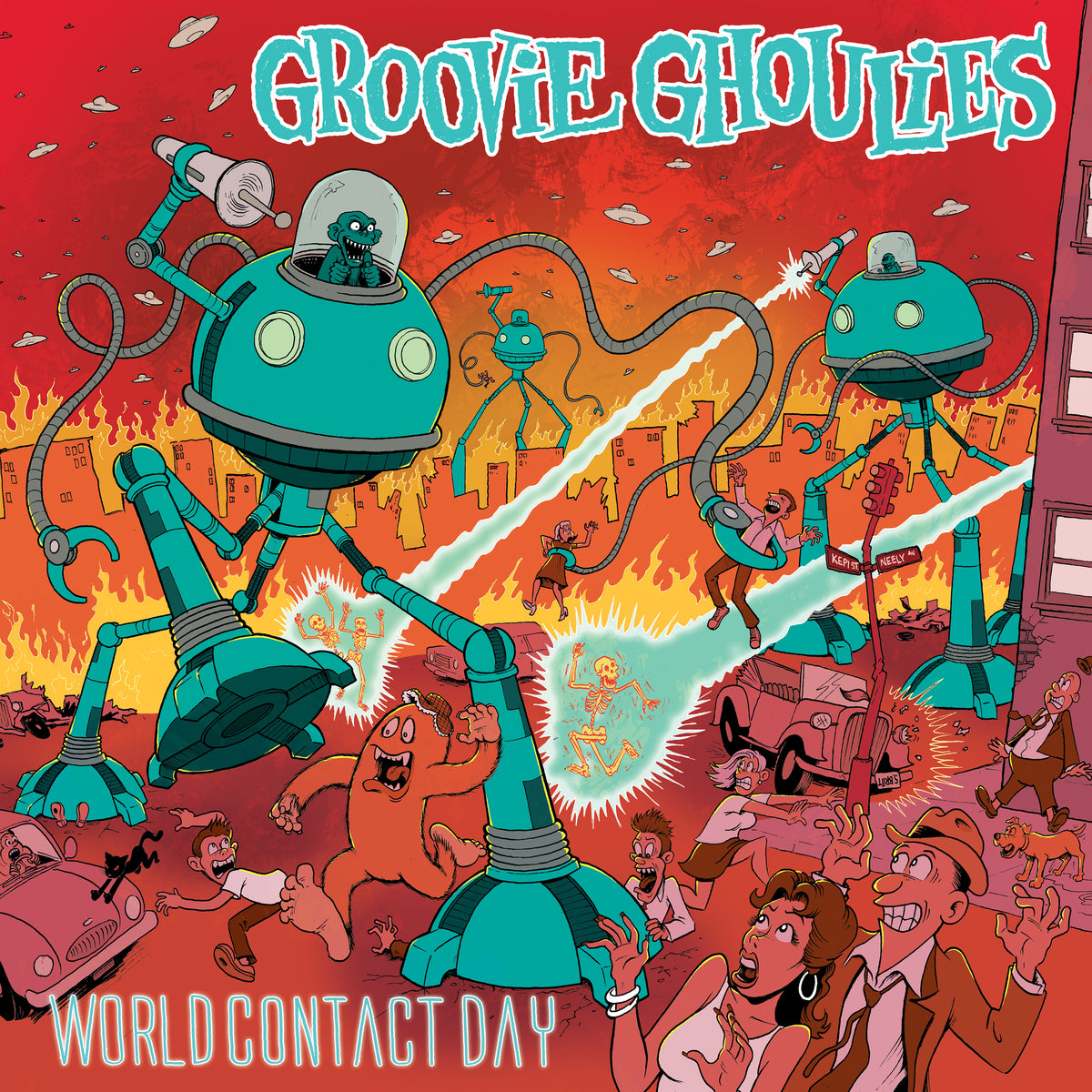 Two giant cartoon robots with lasers attack a city as people flee. Fire and chaos erupt behind them. “Groovie Ghoulies” appears at the top; “World Contact Day—a pop punk classic” is below. Brand: Groovie Ghoulies.