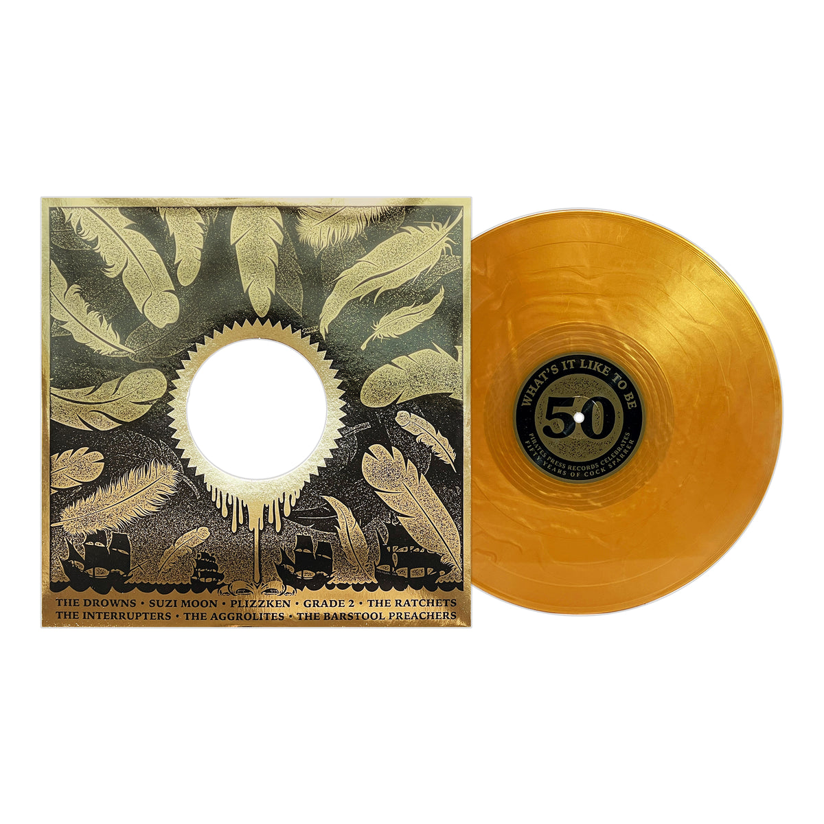 A gold vinyl record slides from an album cover with illustrated feathers and a dripping gold sun, celebrating Cock Sparrers 50th anniversary. The label reads What’s It Like to 5.0? by Pirates Press Records.