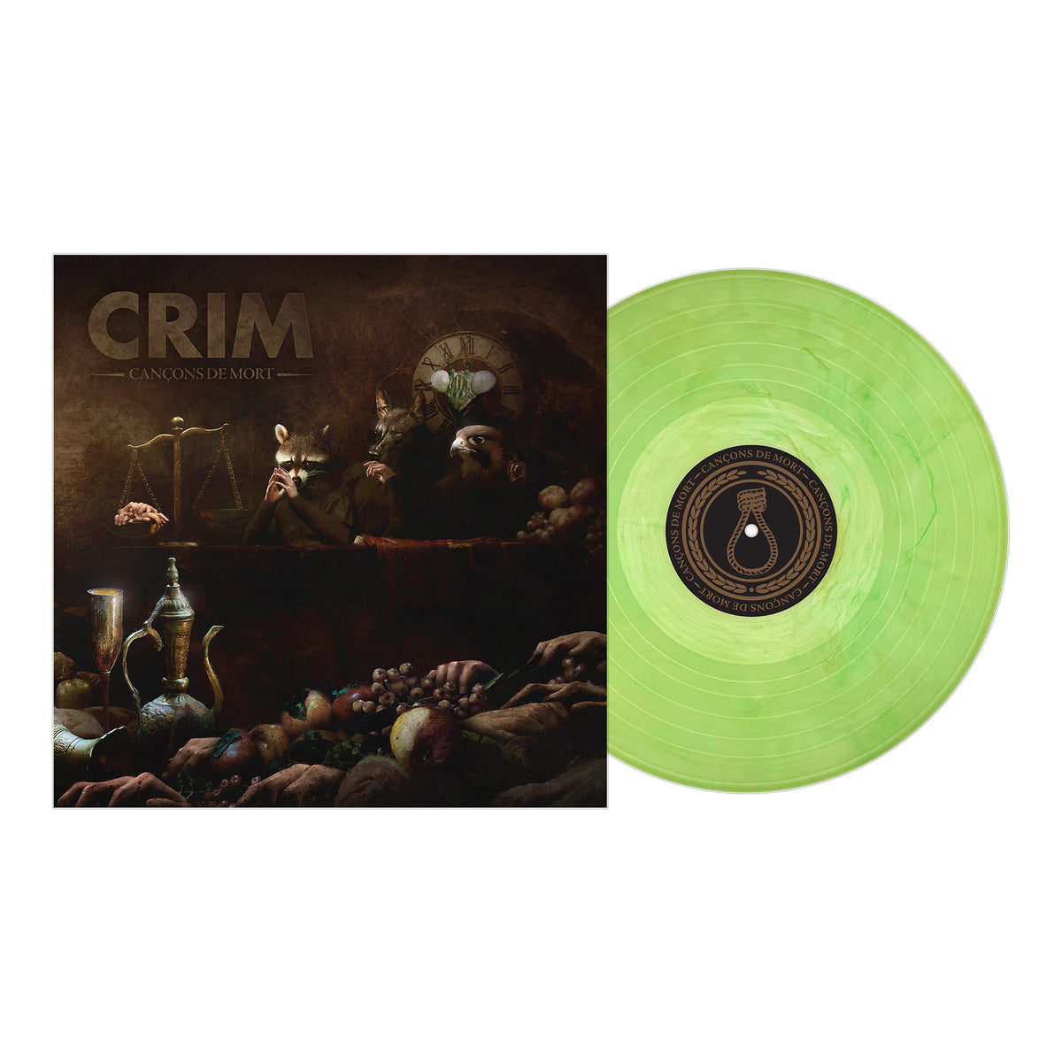 A green marbled Crim vinyl record is displayed next to its album cover, which shows a dark still-life with fruit, metal vessels, and masked figures. “Cançons de Mort” is printed at the top. Crim is a Catalan punk band.