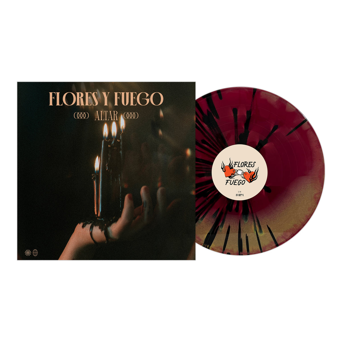 The Flores Y Fuego album cover features a hand holding black candles with melting wax next to a red-and-black marbled vinyl record, which displays the bands logo and album title at the center.