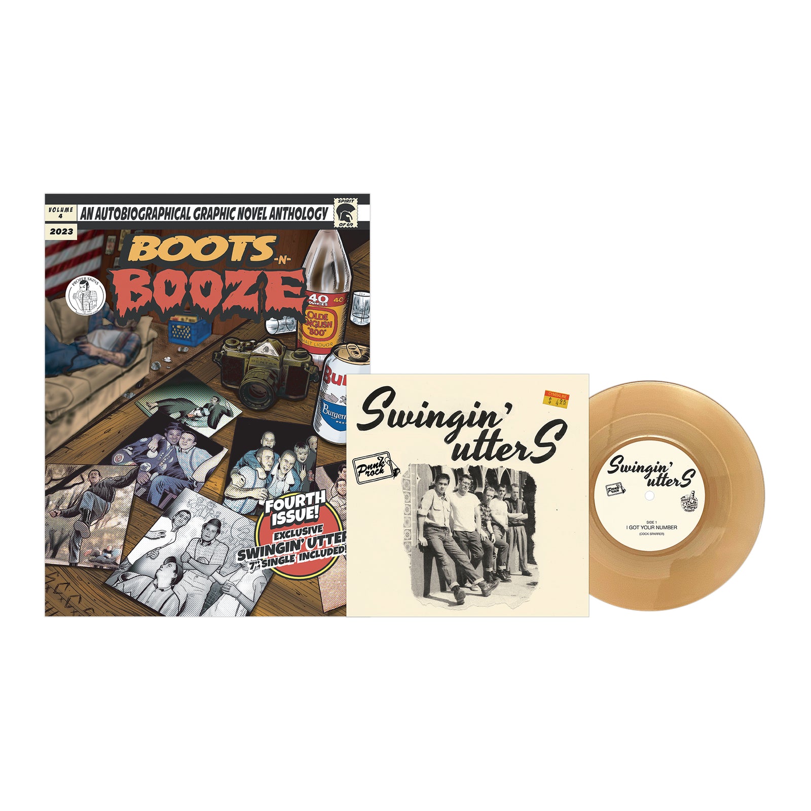 A BOOTSnBOOZE comic book, a square album cover with a black-and-white Swingin’ Utters photo, and a transparent gold 7 vinyl are displayed side by side on a white background.
