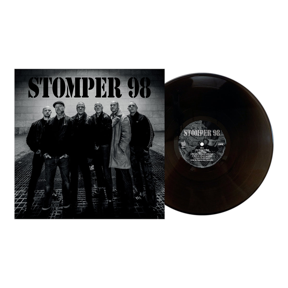 A vinyl record with cover art from Stomper 98, a German Oi! band. The cover features six men in dark clothing with "STOMPER 98" above them, reflecting the brand’s working class punk rock energy.