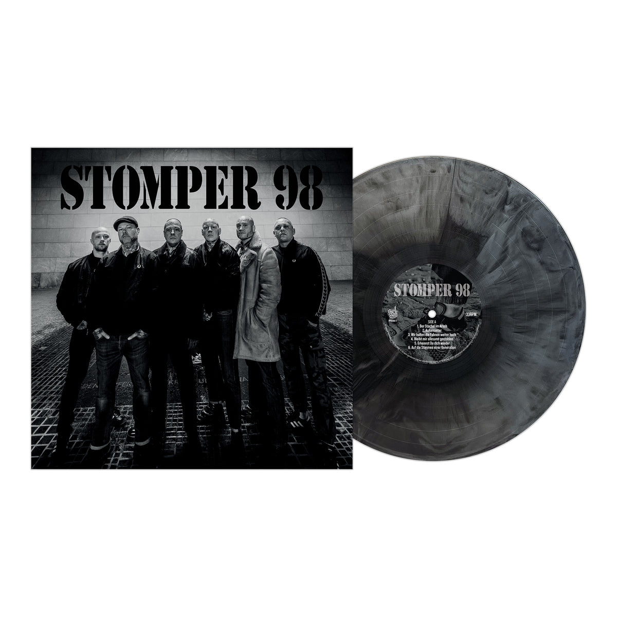Stomper 98 album cover and vinyl: Seven men in dark clothes, embodying working class punk roots, stand together. The marbled black and gray vinyl record lies next to the bold-titled cover. Brand Name: Stomper 98.