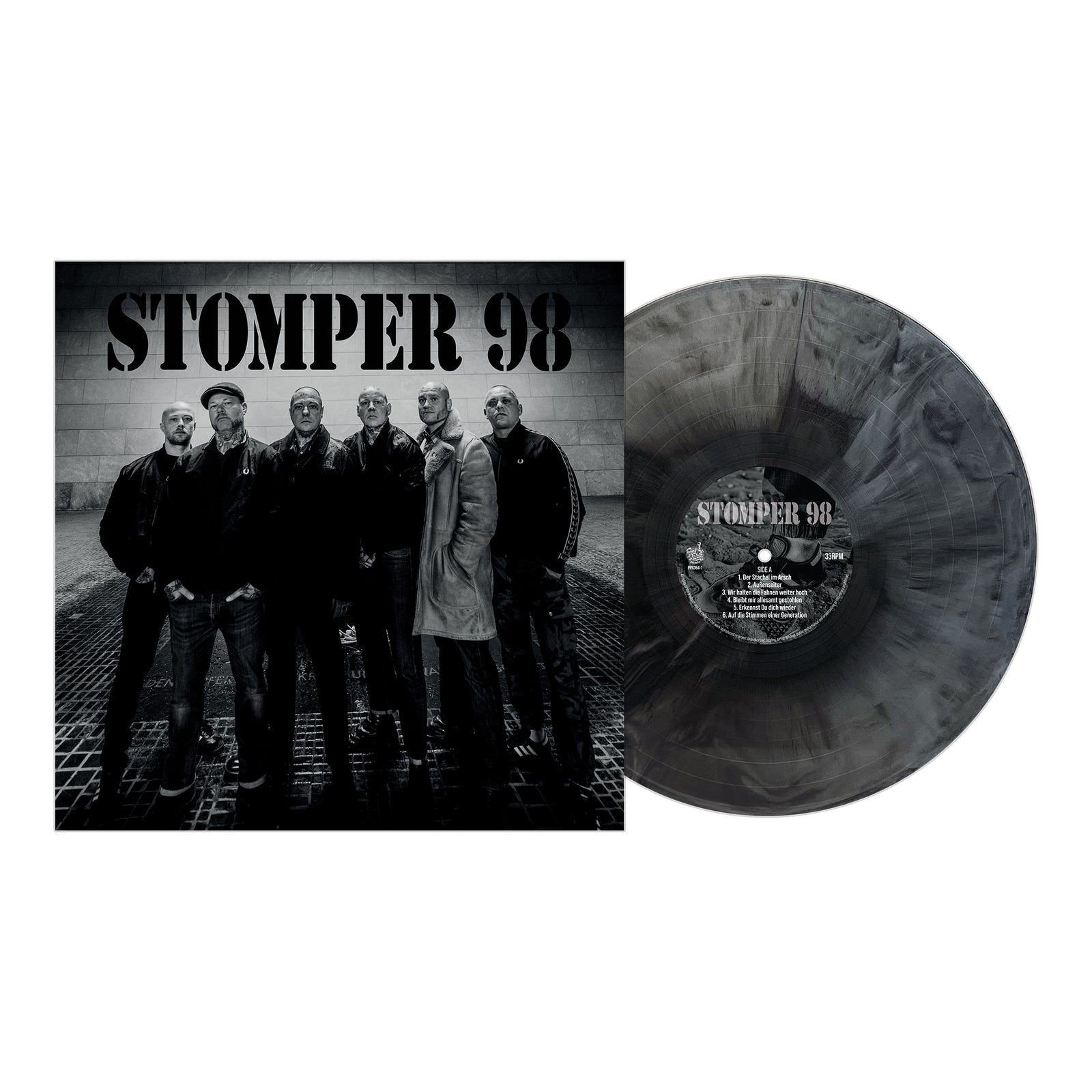 Stomper 98 album cover and vinyl: Seven men in dark clothes, embodying working class punk roots, stand together. The marbled black and gray vinyl record lies next to the bold-titled cover. Brand Name: Stomper 98.