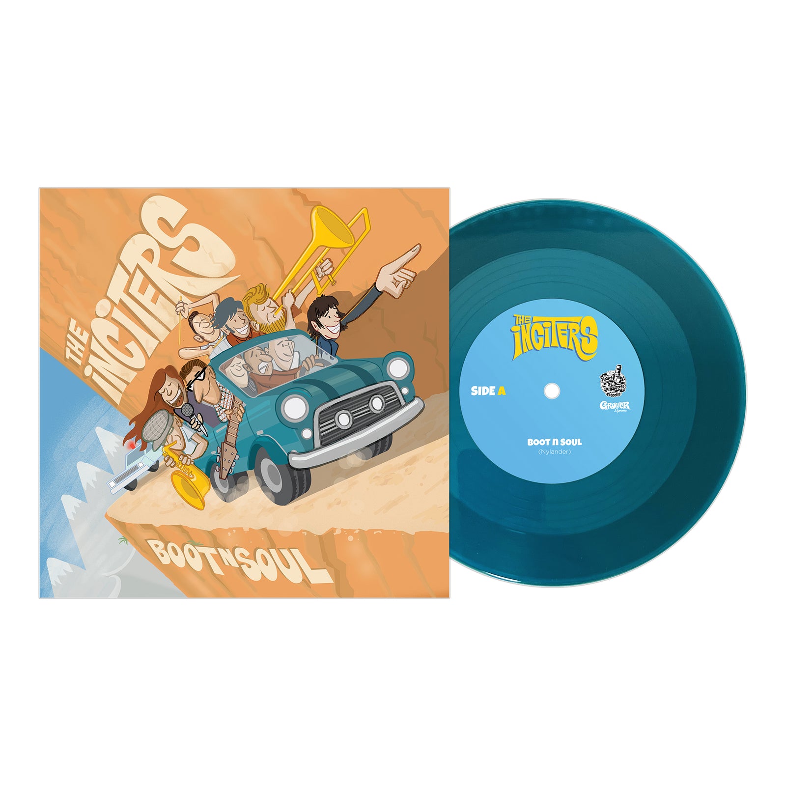 Teal vinyl from The Inciters. Illustrated cover shows the cartoon band racing a blue car with instruments down a mountain road. Their Northern Soul album is titled Boot N’ Soul. Released by Pirates Press Records.