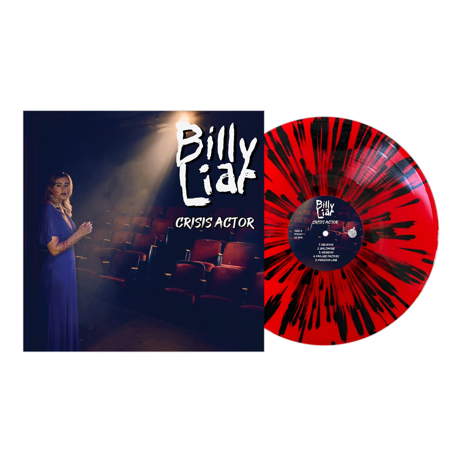 Album cover for Crisis Actor by Billy Liar features a person in a blue dress standing in a dimly lit theater beside a red and black splatter-patterned vinyl record. Brand: Billy Liar.