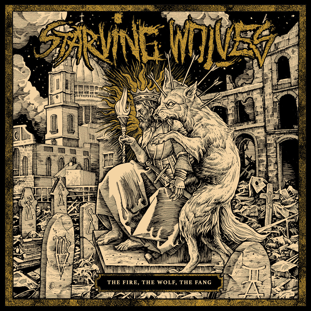 An illustrated album cover for Starving Wolves features a crowned, robed figure with torch and staff, seated among gravestones as a snarling wolf bites their shoulder. Ruined buildings and chaos in the background evoke punk rock defiance.