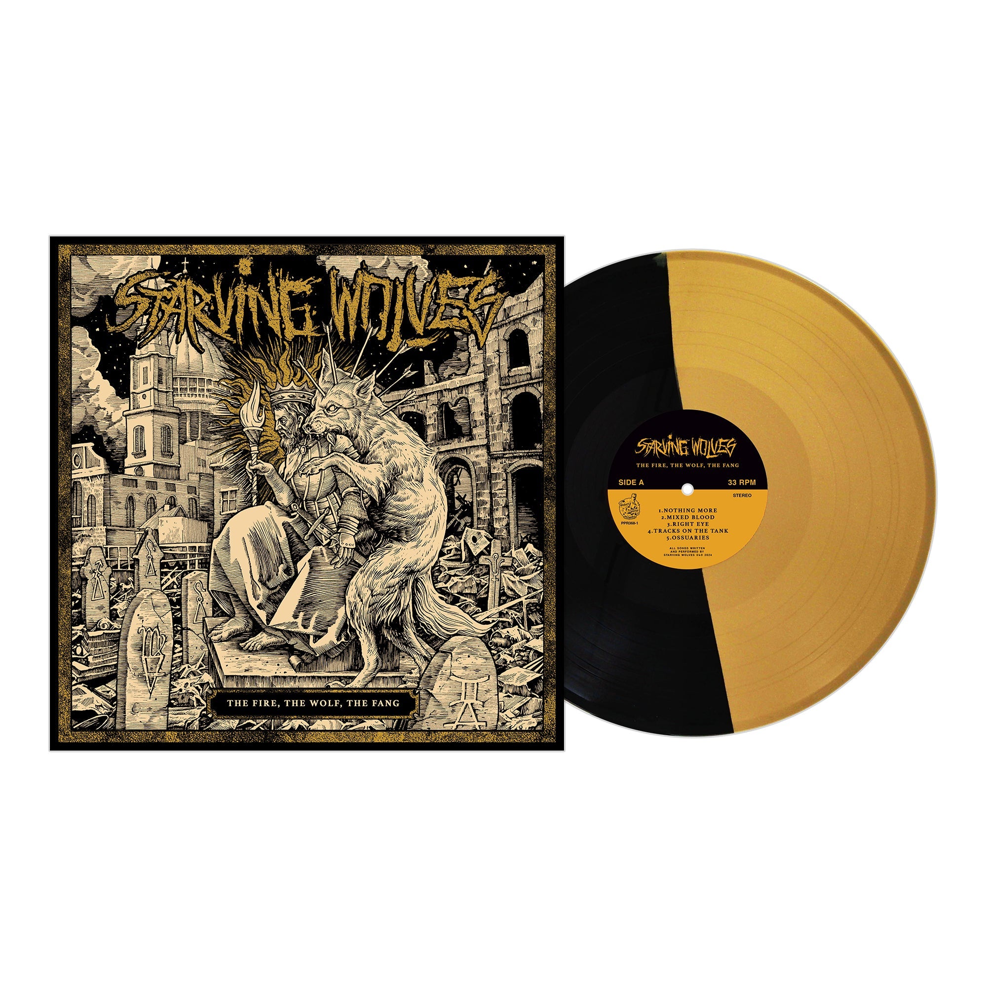 Starving Wolves album The Fire, The Wolf, The Fang features punk rock art of a humanoid wolf with a torch in a post-apocalyptic city. Includes half gold, half black vinyl that echoes social themes.