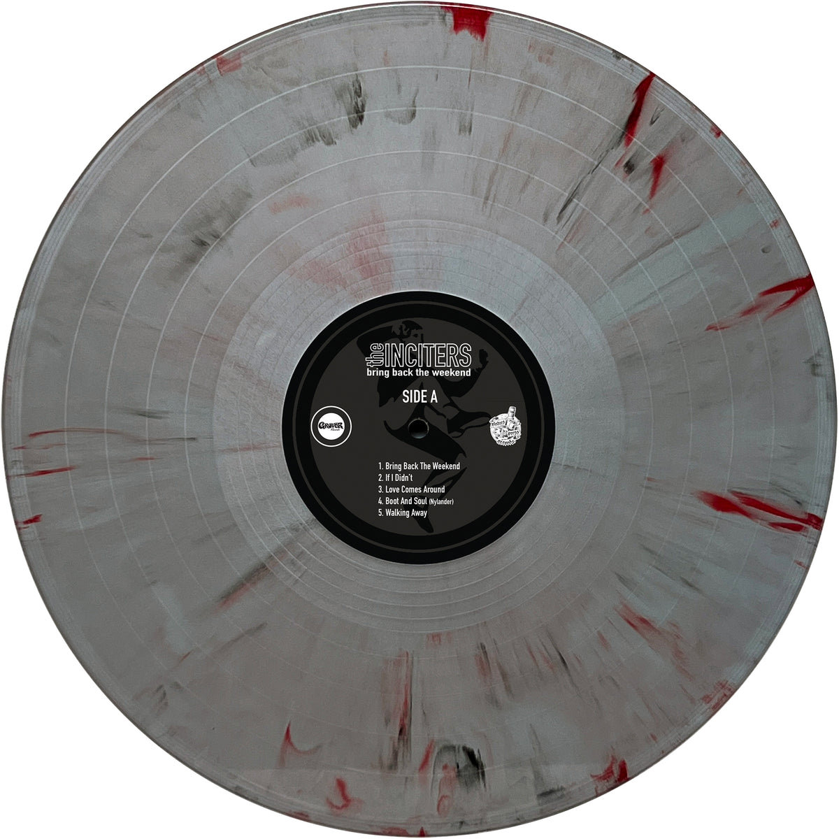 Clear vinyl record with grey and red marbled patterns, featuring a Northern Soul Side A label by The Inciters with a five-song tracklist.