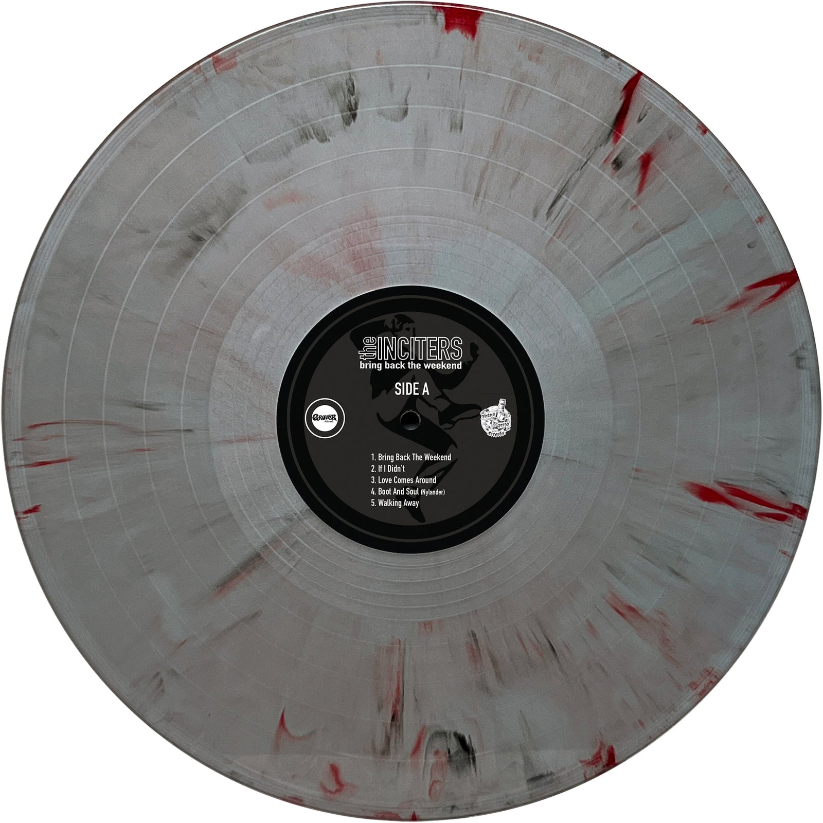 Clear vinyl record with grey and red marbled patterns, featuring a Northern Soul Side A label by The Inciters with a five-song tracklist.