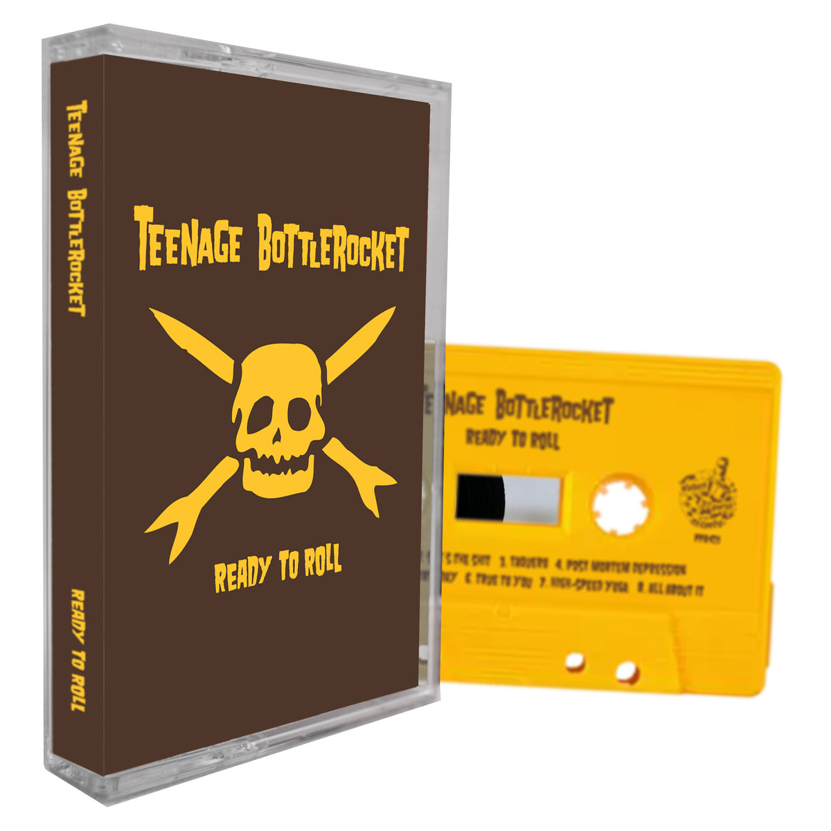A yellow cassette and case featuring Teenage Bottlerocket’s Ready to Roll, released by Pirates Press Records. The brown case shows a skull with crossed drumsticks, while the yellow cassette has matching text. Brand: Teenage Bottlerocket.