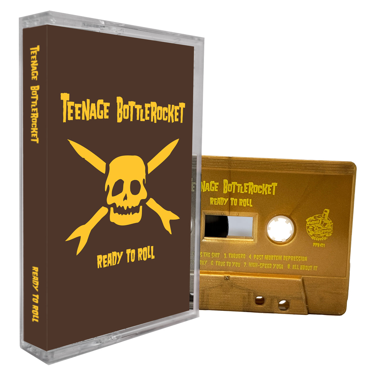 A brown cassette tape by Teenage Bottlerocket labeled &quot;Ready to Roll&quot; in yellow text, with a matching case featuring a yellow skull and crossed drumsticks on the cover. Released by Pirates Press Records.