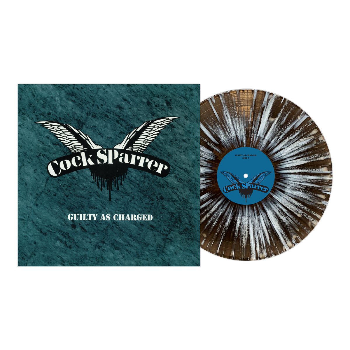 A Cock Sparrer Guilty as Charged punk rock vinyl featuring a teal and black cover with the bands name and logo, plus a striking black and white splatter-patterned record.