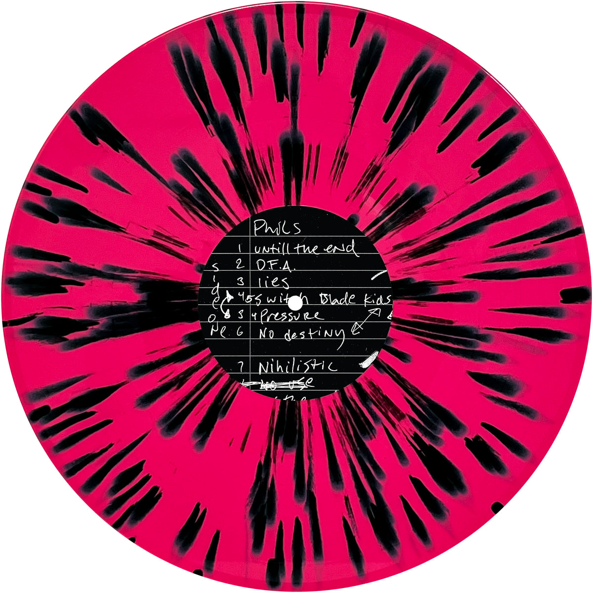 Celebrate the 20th anniversary of Monster Squad with a pink vinyl record featuring black splatter patterns and a center label listing tracks like “Strength Through Pain,” “Until the End,” and “Nihilistic” in handwritten white text.