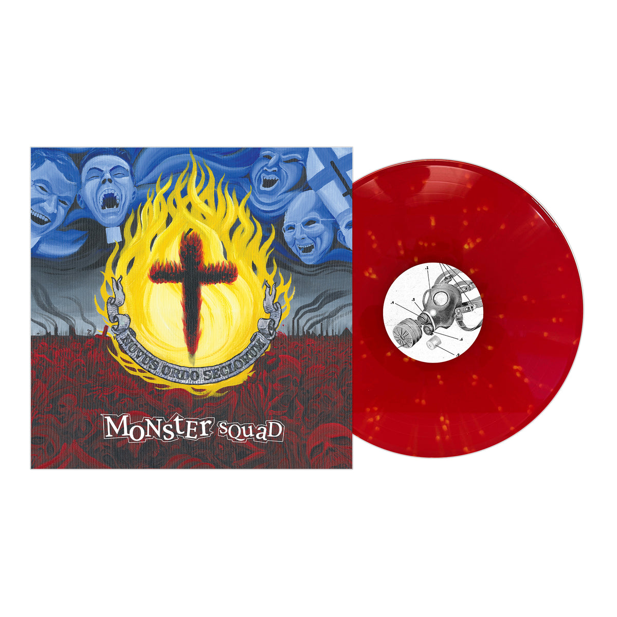 Album cover and red vinyl by Monster Squad. The cover shows blue faces screaming above a flaming cross, Fire The Faith/Bonus Duro/Secat Vita text, blood-red figures below, and Monster Squad at the bottom. Vinyl features a black-and-white center label.