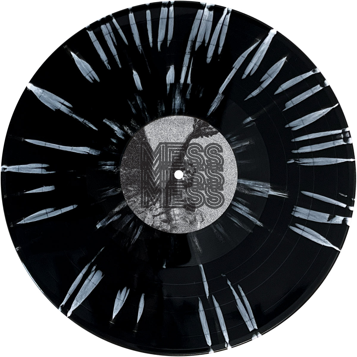 A black vinyl record with white streaks radiates outward from a silver center label featuring the bold, overlapping "Mess" logo—an eye-catching streetpunk design by Mess, ideal for any Oi! band or Under Attack LP collection.