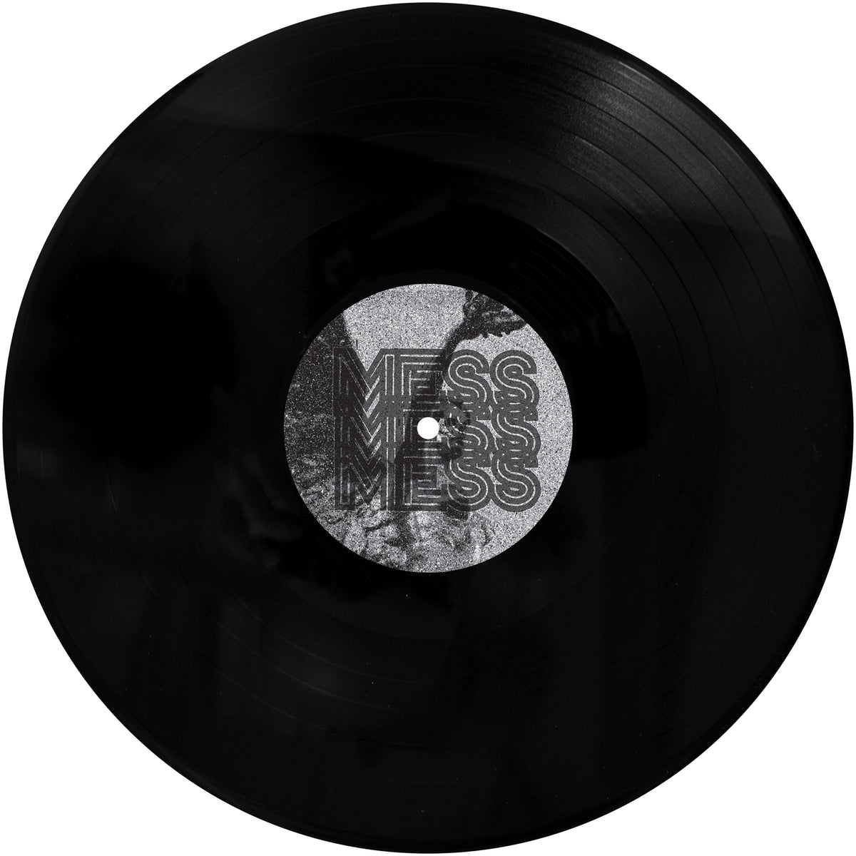 A black vinyl record by Mess featuring a gray center label with the word “MESS” repeated in bold, overlapping letters and a faint abstract pattern—perfect for Oi! or streetpunk fans.