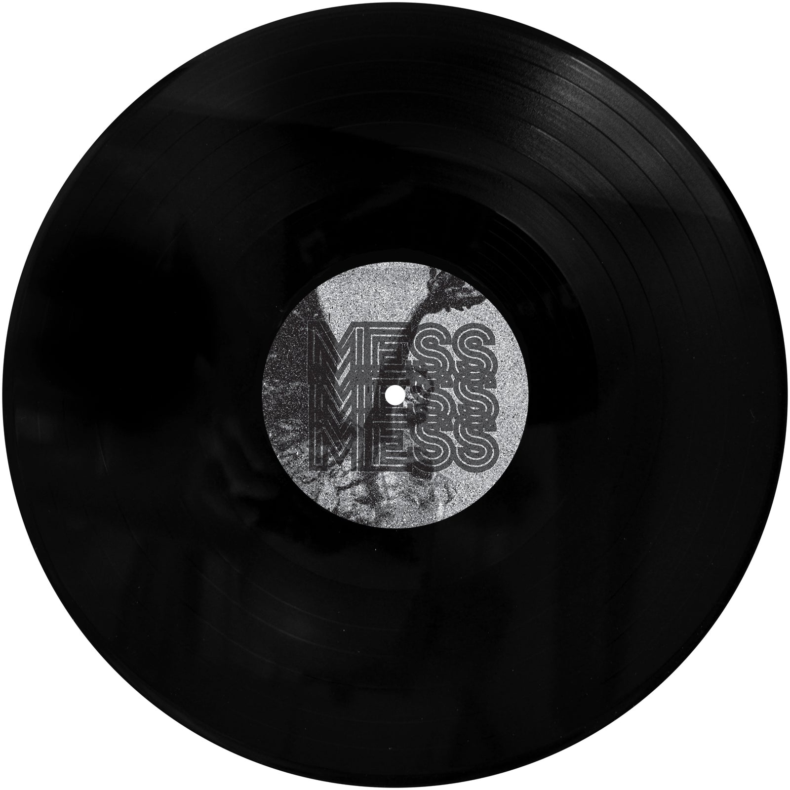 A black vinyl record by Mess featuring a gray center label with the word “MESS” repeated in bold, overlapping letters and a faint abstract pattern—perfect for Oi! or streetpunk fans.