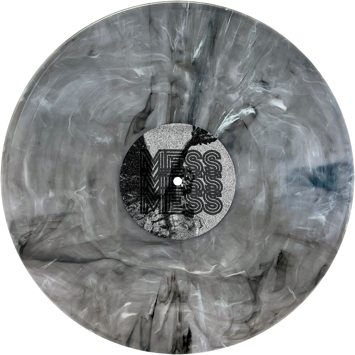 The Mess Ghost Marble Vinyl LP features a bold, black and white center label with the word "MESS" repeatedly outlined on a white background, perfectly reflecting the chaotic energy of Mess Under Attack.