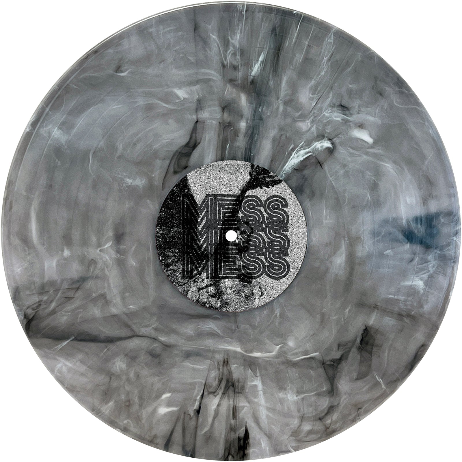 The Mess Ghost Marble Vinyl LP features a bold, black and white center label with the word "MESS" repeatedly outlined on a white background, perfectly reflecting the chaotic energy of Mess Under Attack.