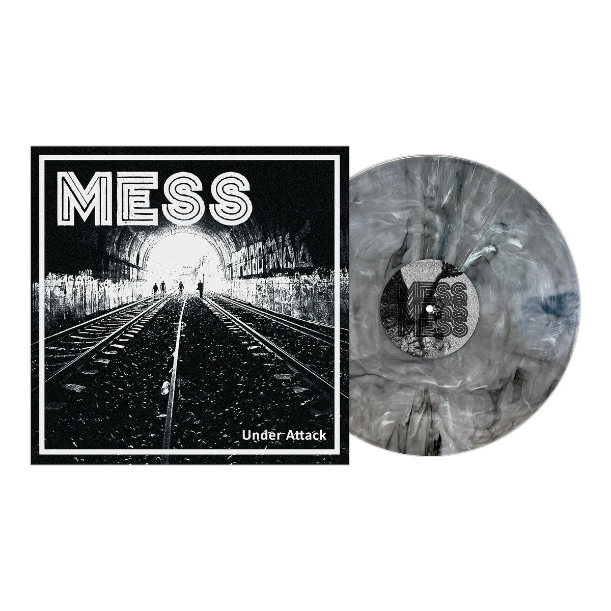 A Mess Ghost Marble Vinyl LP with a marbled black and white pattern sits beside its cover, which features silhouettes in a tunnel with train tracks and the bold text "MESS" above the title "Under Attack.
