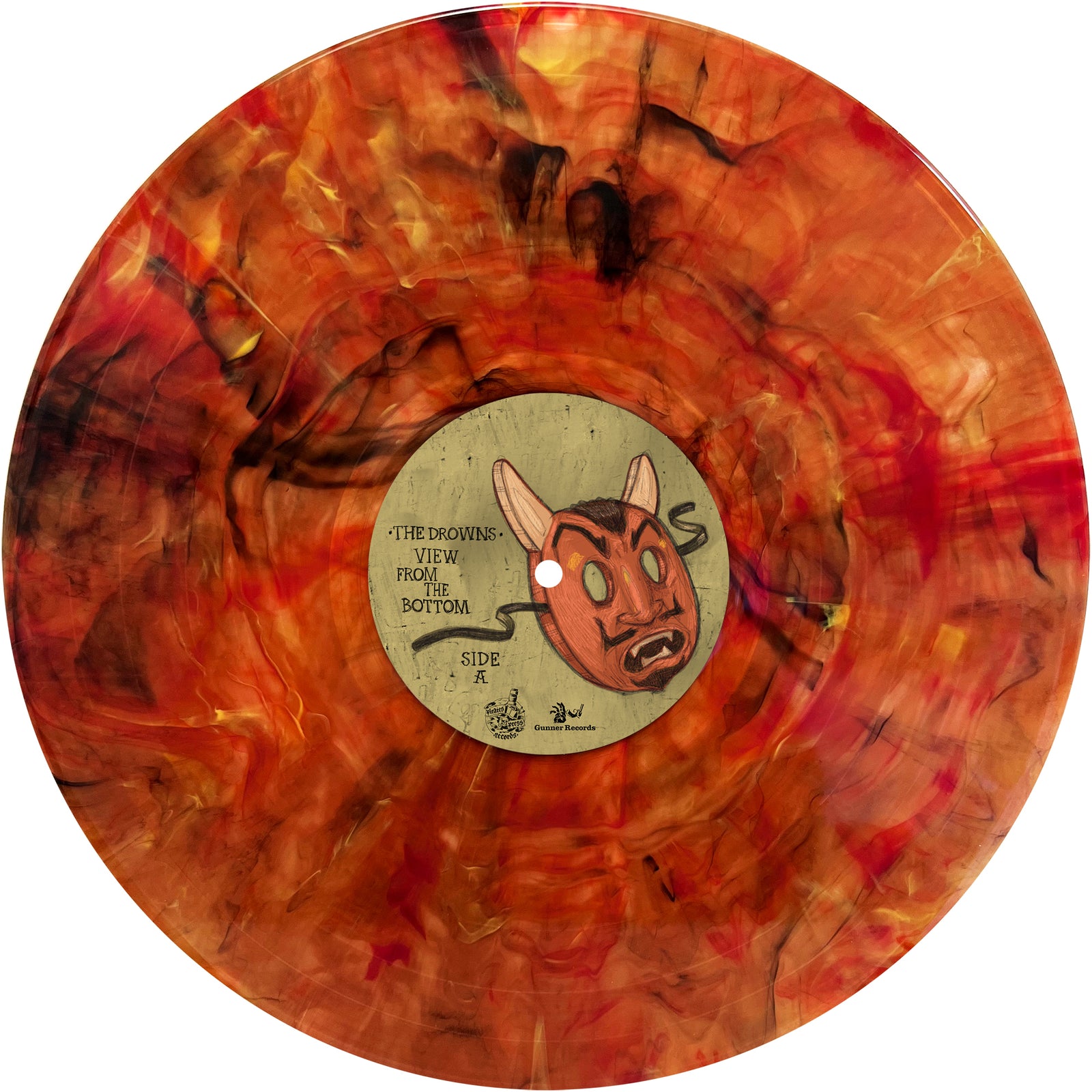 An orange and red marbled vinyl record by The Drowns, featuring a center label with a cartoon devil face and VIEW FROM THE BOTTOM SIDE A—produced by Jack Endino.