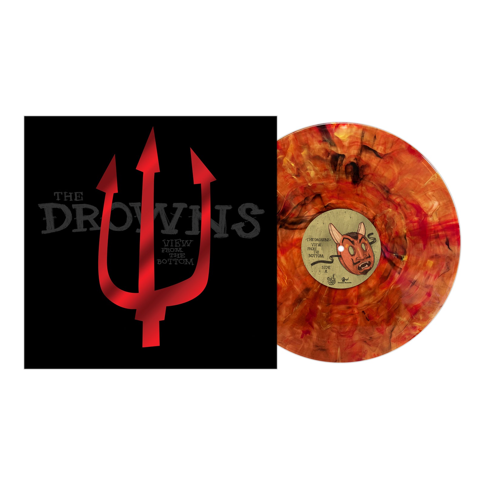 A marbled orange and red vinyl from The Drowns rests by a black album cover featuring a red trident and the title View From The Bottom, produced by Jack Endino.