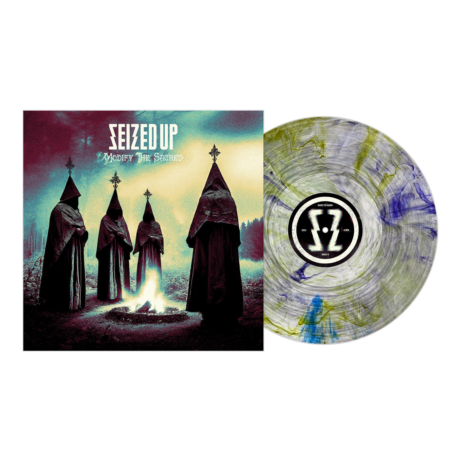 Seized Up’s "Modify the Sacred" album cover shows four hooded figures by a fire in a misty field, next to a marbled vinyl record with swirling black, green, blue, and yellow.
