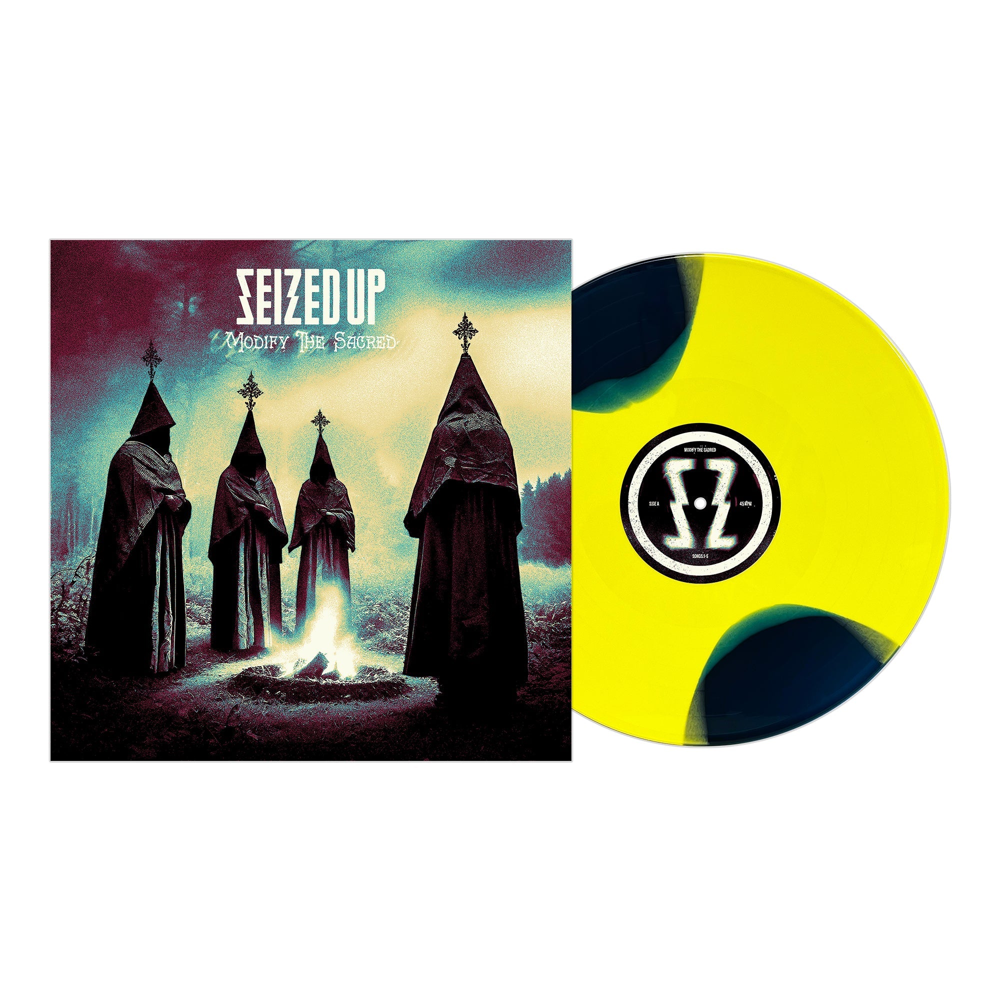 Album cover for Seized Up’s hardcore punk release "Modify the Sacred," showing four hooded figures in dark robes by a fire, with a yellow and black vinyl marked by the bold Seized Up logo beside them.