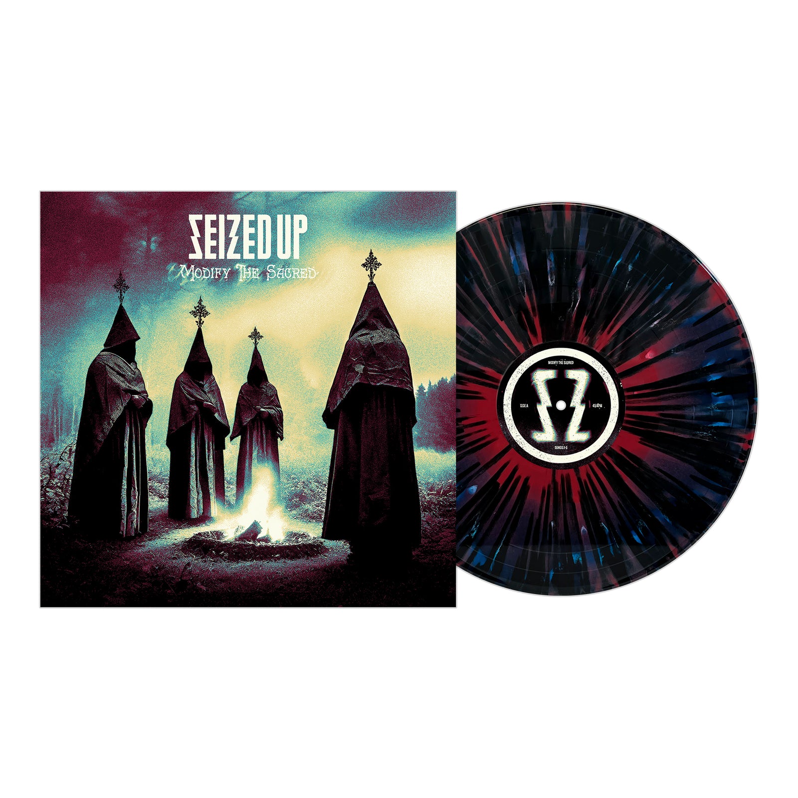 Seized Up's "Modify the Sacred" album cover shows four hooded figures by a fire in a misty forest, next to a black and red splatter vinyl record with the Seized Up logo on the label.