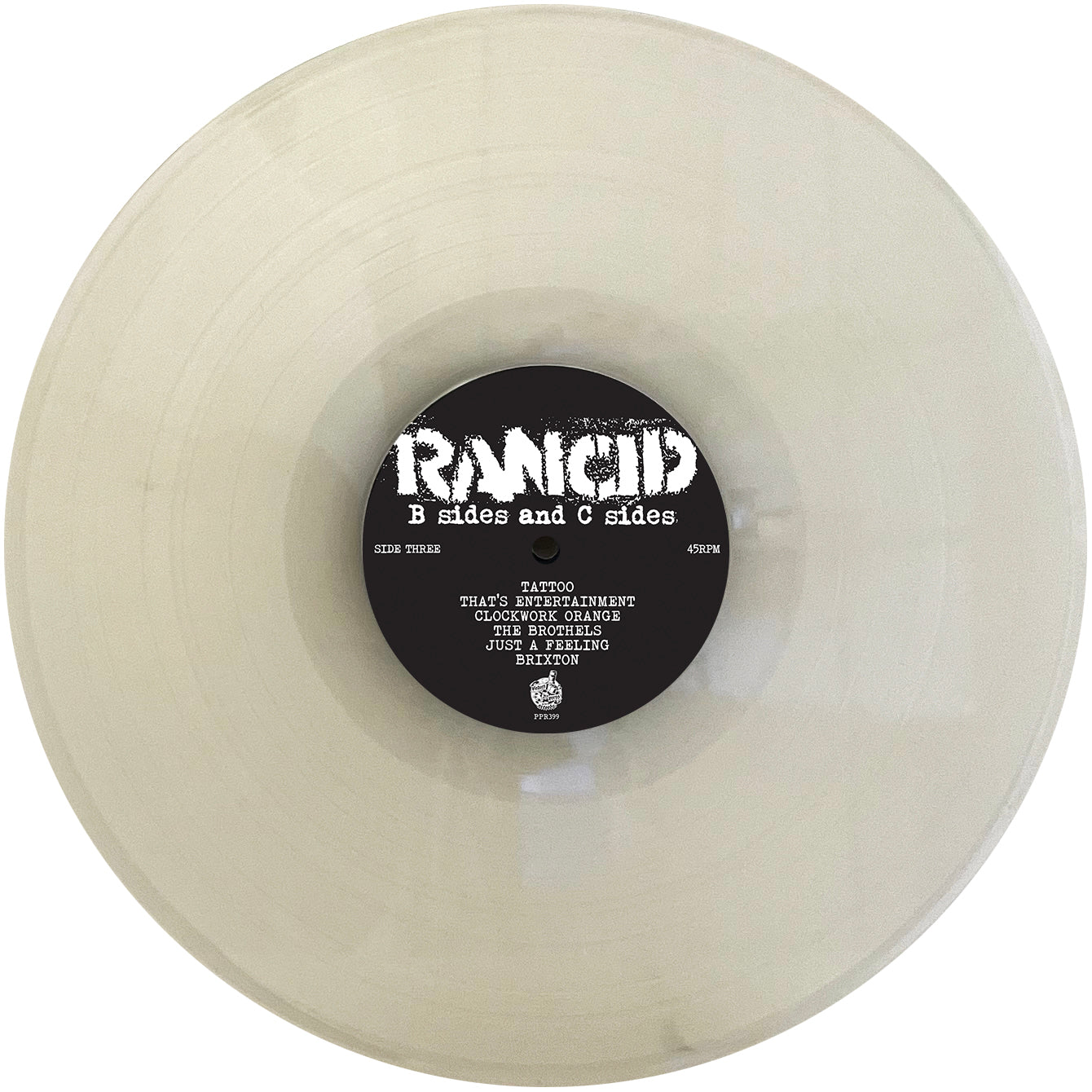 A translucent vinyl record labeled Rancid B Sides and C Sides from legendary punk band Rancid features a black center label with white song titles, displayed on a plain white background.