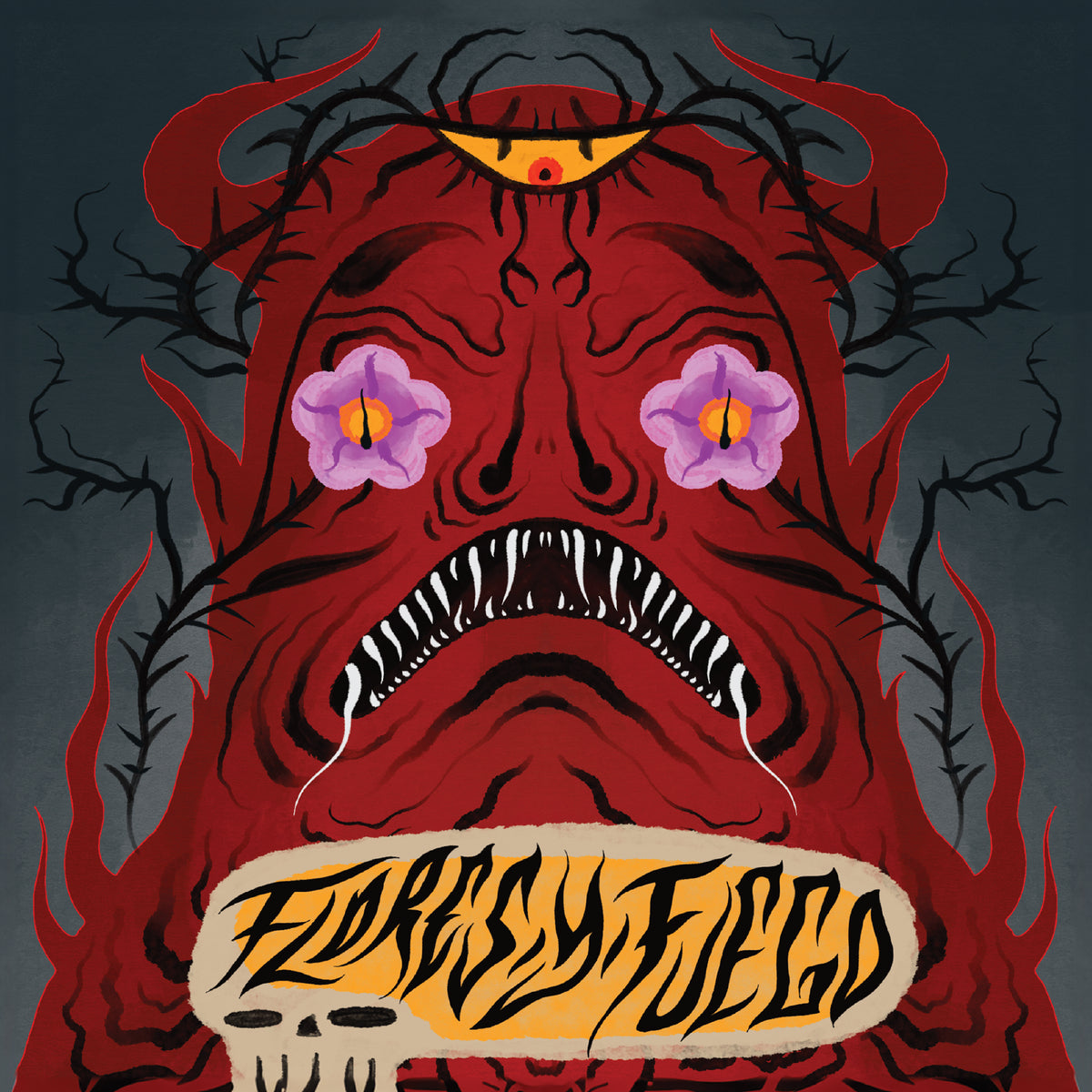 A surreal red monster with twisted horns, orange third eye, sharp fangs, and purple flower eyes appears on the “FLORECIM FUEGO” Slaughterhouse split 7 vinyl by Pirates Press Records, with flame shapes below its mouth.