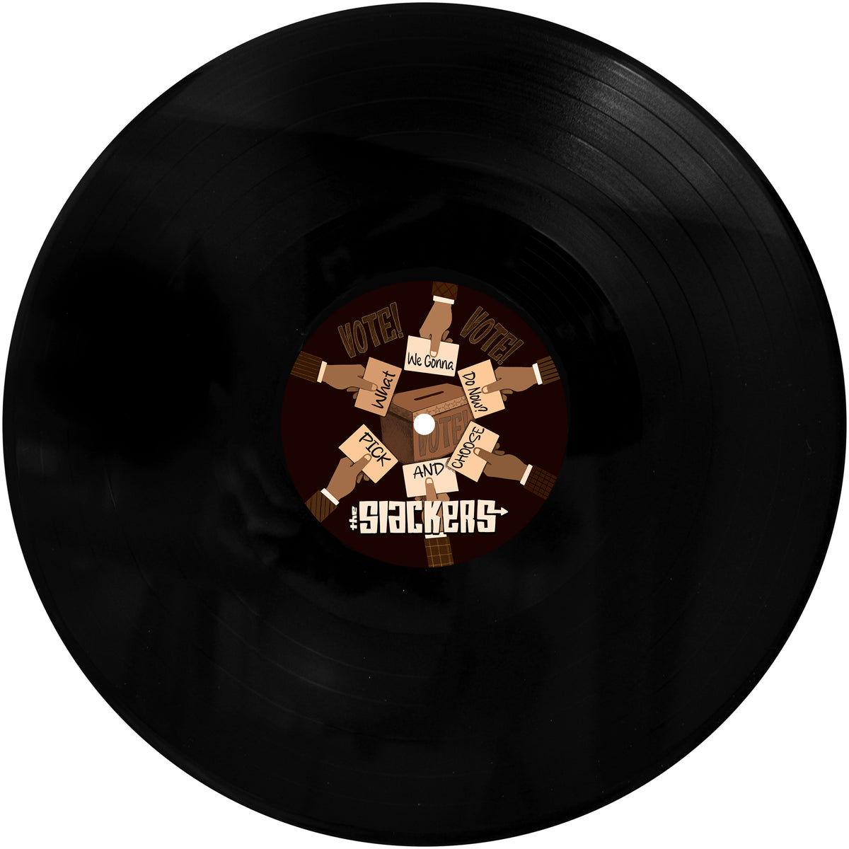 A black vinyl record by The Slackers with a center label featuring illustrated hands holding beer bottles in a circle. The label reads "VOTE! We Cover Da Clash and The Slackers," celebrating NYC ska/reggae with Pirates Press Records.