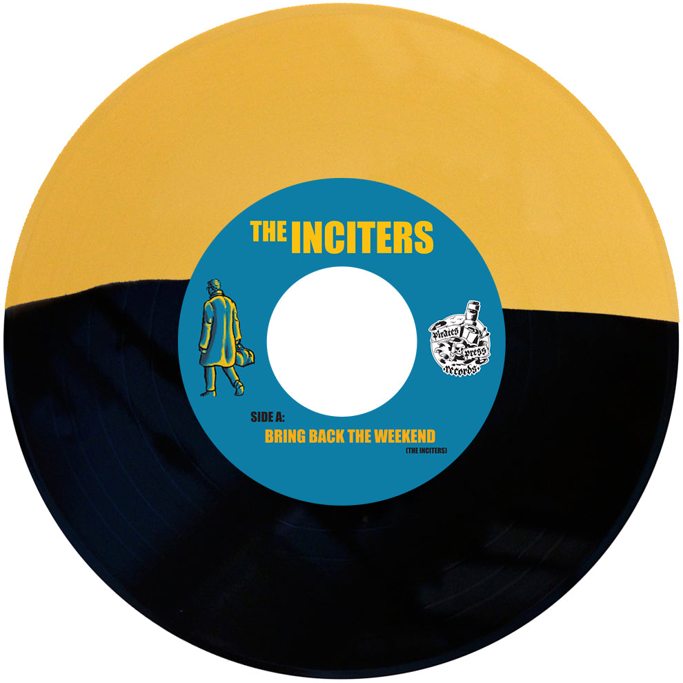 A vinyl record from The Inciters with a yellow top and black bottom. The blue label shows The Inciters in yellow, Side A: Bring Back The Weekend. Features an illustrated figure and logo—ideal for Northern Soul fans.