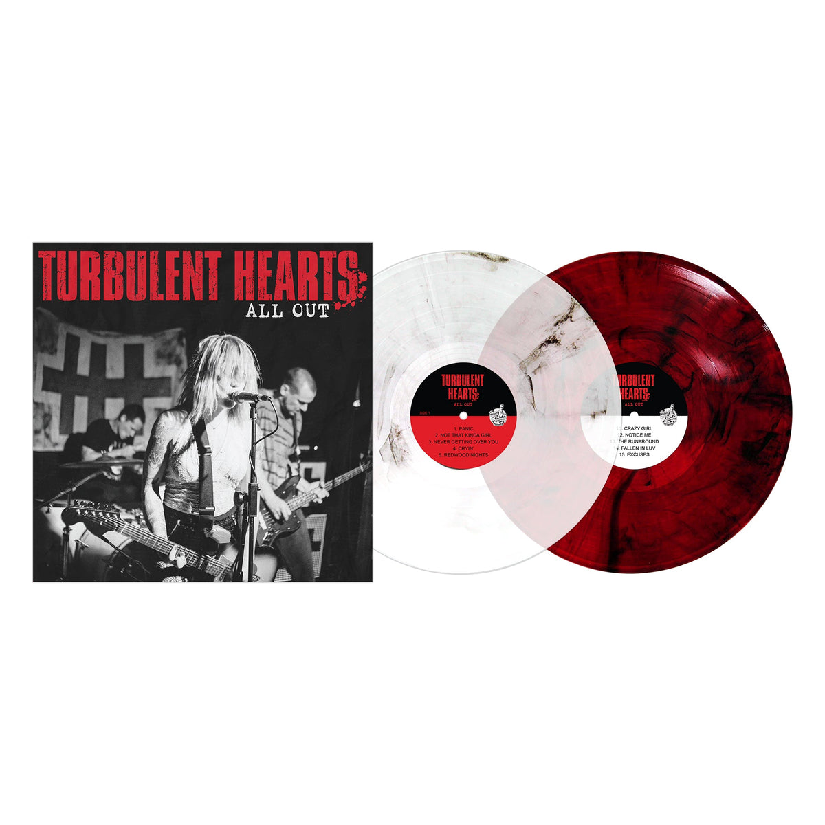 Album cover for Suzi Moon: Turbulent Hearts—All Out, a double LP with a black-and-white live band photo and two vinyl records: one white splattered with black, the other red splattered with black.