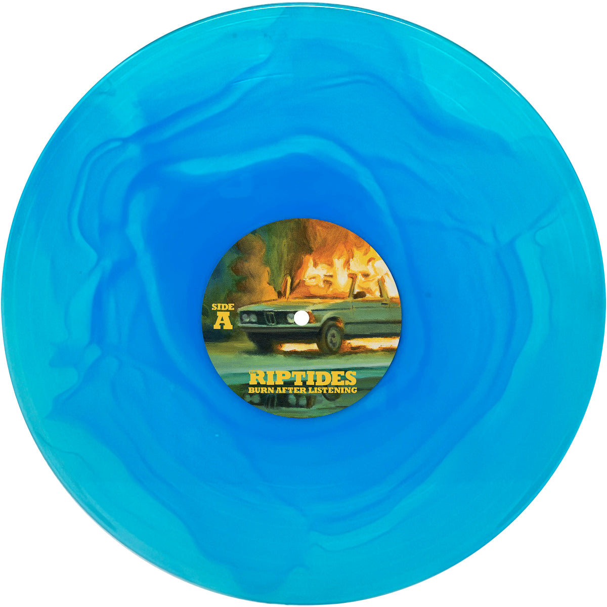 A vibrant blue vinyl record with a label showing a car before a burning building. The label reads Side A – The Riptides – Burn After Listening, featuring melodic Ottawa punk rock from this energetic band.