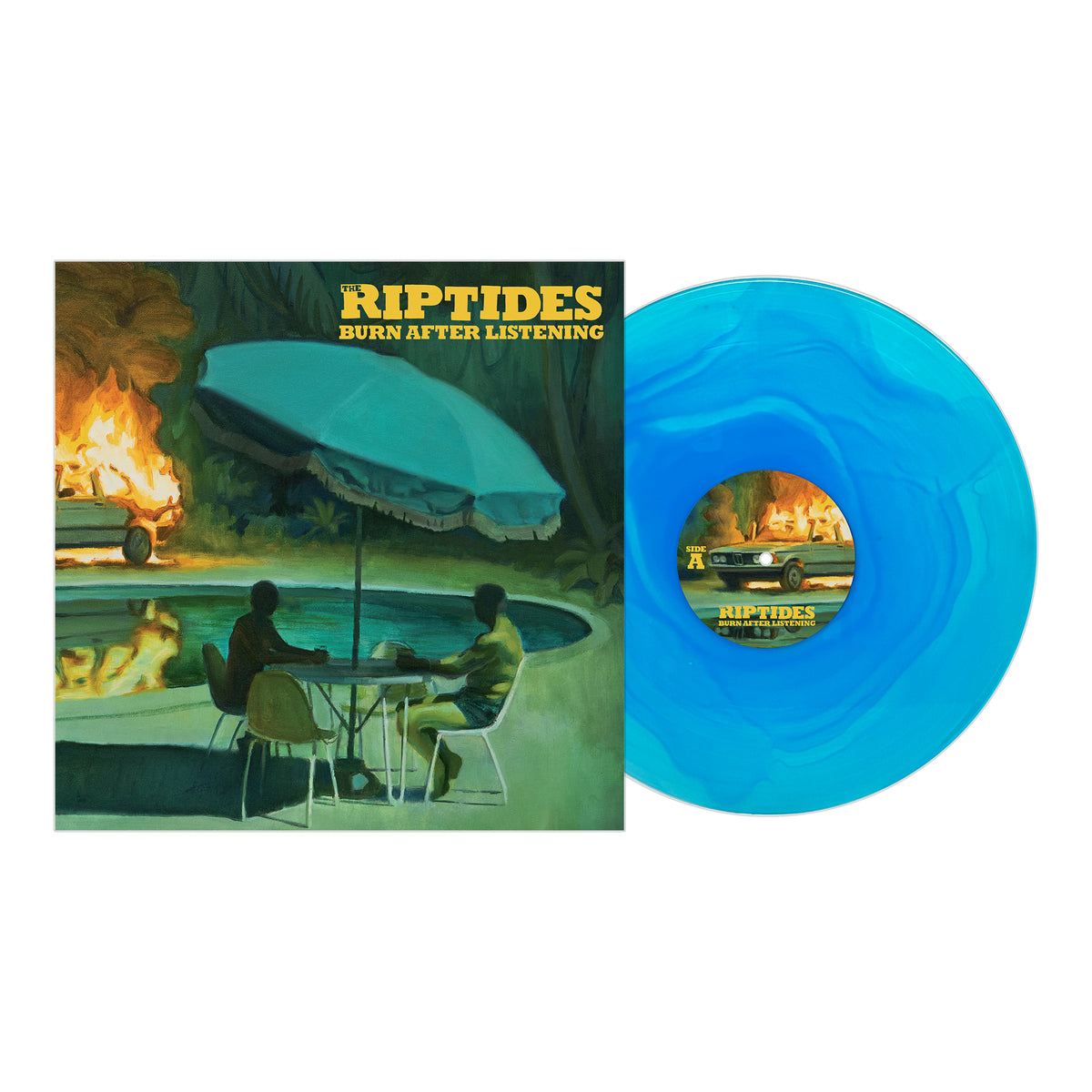 A blue marble vinyl by The Riptides partially covers its album art, featuring two people by a pool with a large umbrella and a burning car in the background. The melodic punk album is titled &quot;RIPTIDES: BURN AFTER LISTENING.