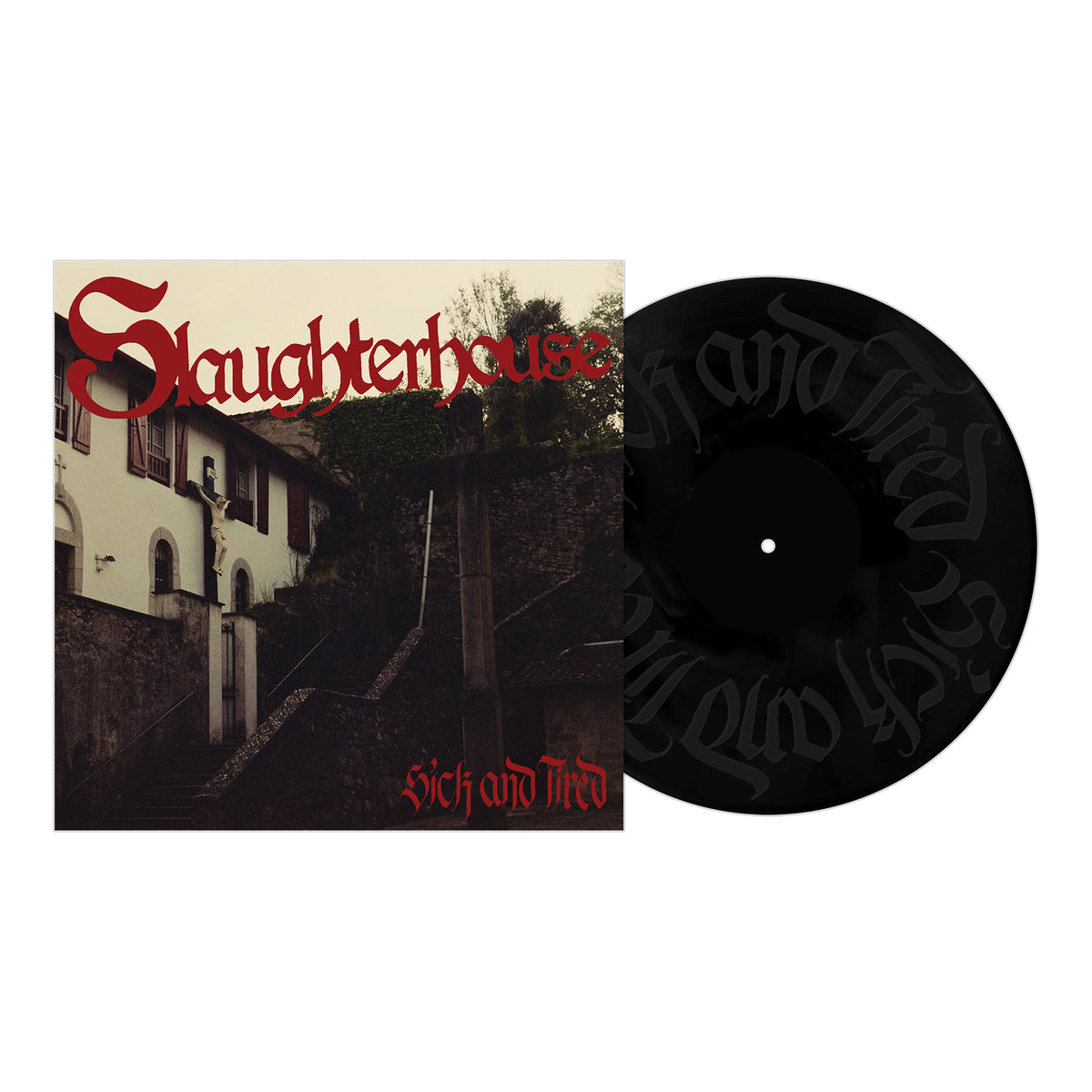 Slaughterhouse vinyl record and album cover: The LA brand’s design, inspired by hardcore and death rock, shows a dark outdoor staircase with red gothic text. The black record features subtle, stylized writing.
