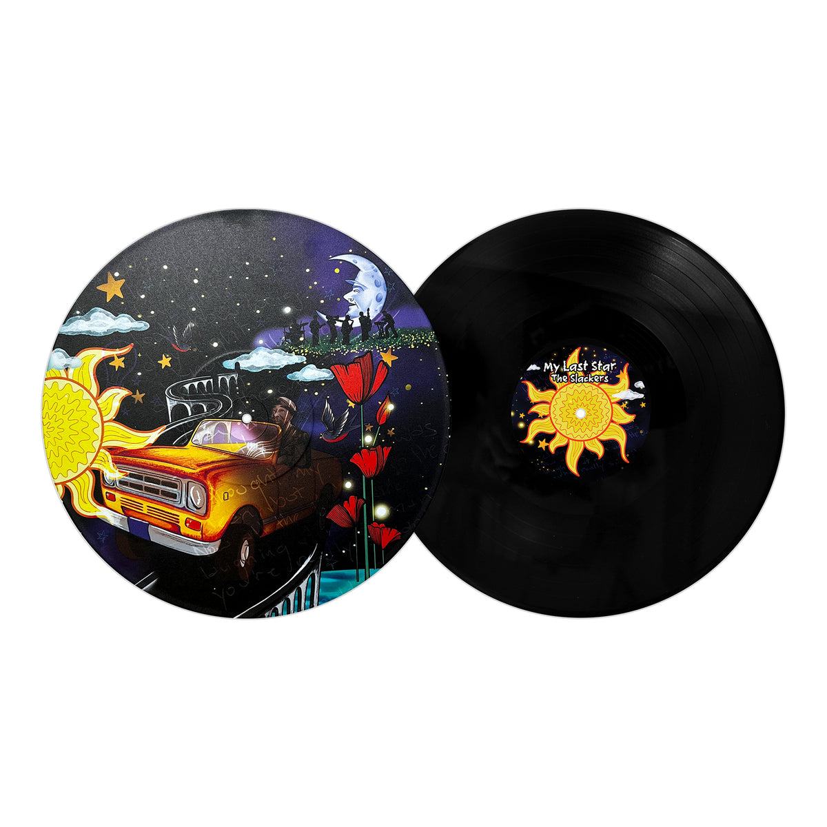 The Slackers vinyl set includes one disc with colorful artwork of a yellow car in a starry landscape, ideal for fans of Greg Lee’s "My Last Star," and another plain black disc featuring a sun design on its label.