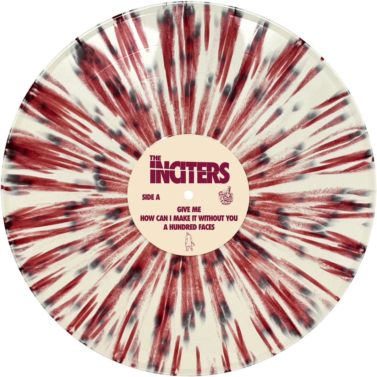 A cream-colored vinyl record with red and black splatter, featuring The Inciters. Known as soul stompers, their notable tracks include Give Me, I Give You My Soul, How Can I Make It Without You, and A Hundred Faces. Brand: The Inciters.