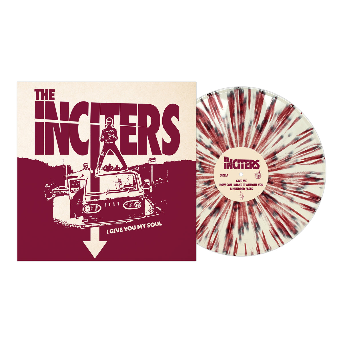 The Inciters’ album cover for "I Give You My Soul" features people on a Jeep and bold red text, capturing the soul stompers' energy. The white vinyl with red splatters matches the album’s vivid color scheme.